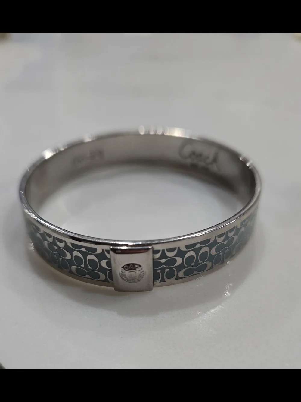 Coach Silver-Tone Signature C Bangle with Teal Accent
